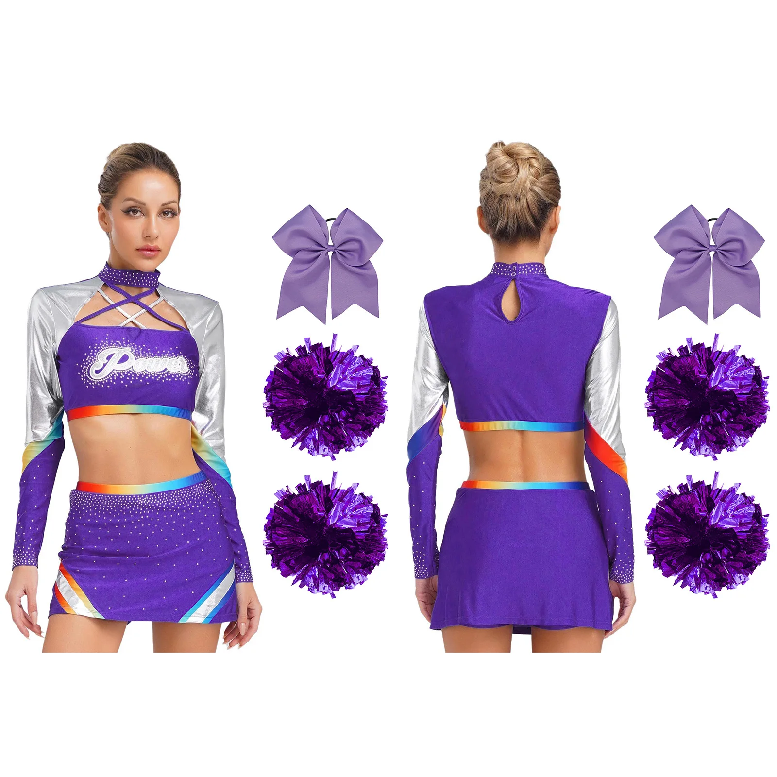 تنفس يهتف الزي الرسمي الرقص المحاصيل القمم مع تنورة التشجيع زهور اليد وربطات الشعر Bowknot 4 قطعة مجموعة المشجع #5
