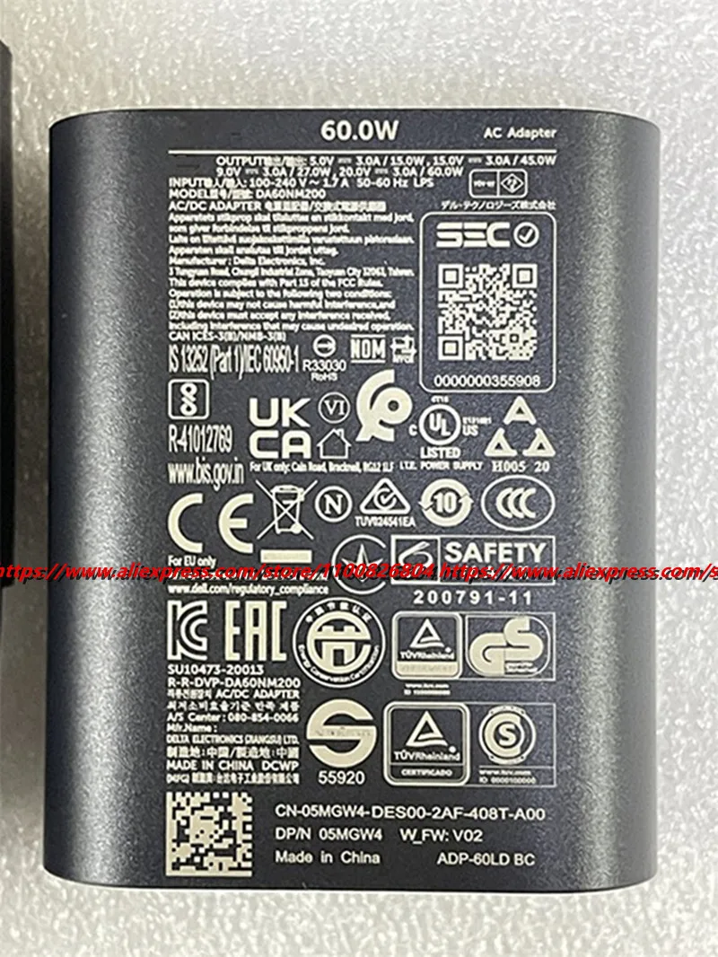 Original 60W GAN USB Type C DA60NM200 ADP-60LD BA USFF AC Power Charger 20V 3A Dell XPS 13 9320 Laptop Power Supply HA60NM200