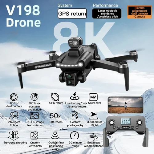 Dron GPS Xiaomi V198 Profesional con Cámara Dual HD, Wifi 5G, Fotografía, Quadcopter Plegable sin Escobillas, Distancia RC, Dron de Juguete 8K