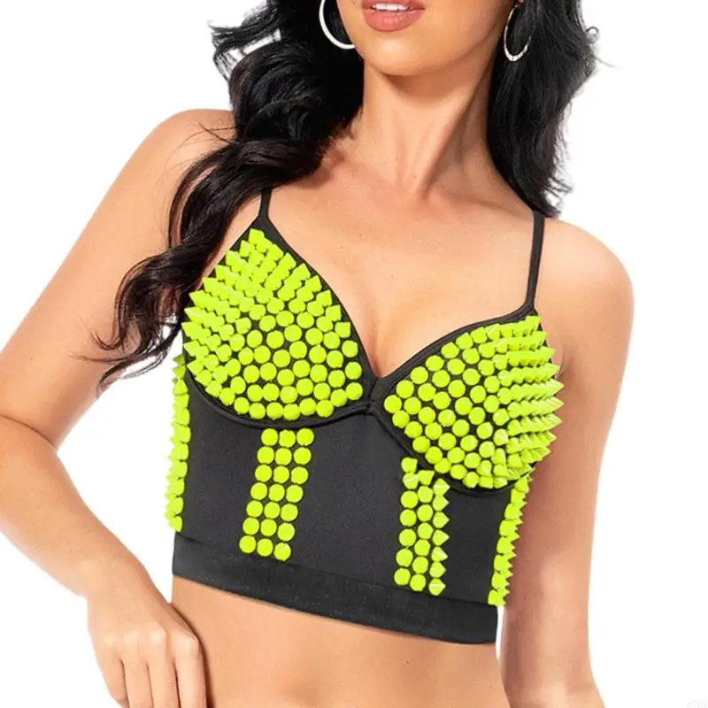 Mulheres Bustier Crop Top Punk Rivets Push Up Corset Top Bra para Festas Clube Racer H7EF