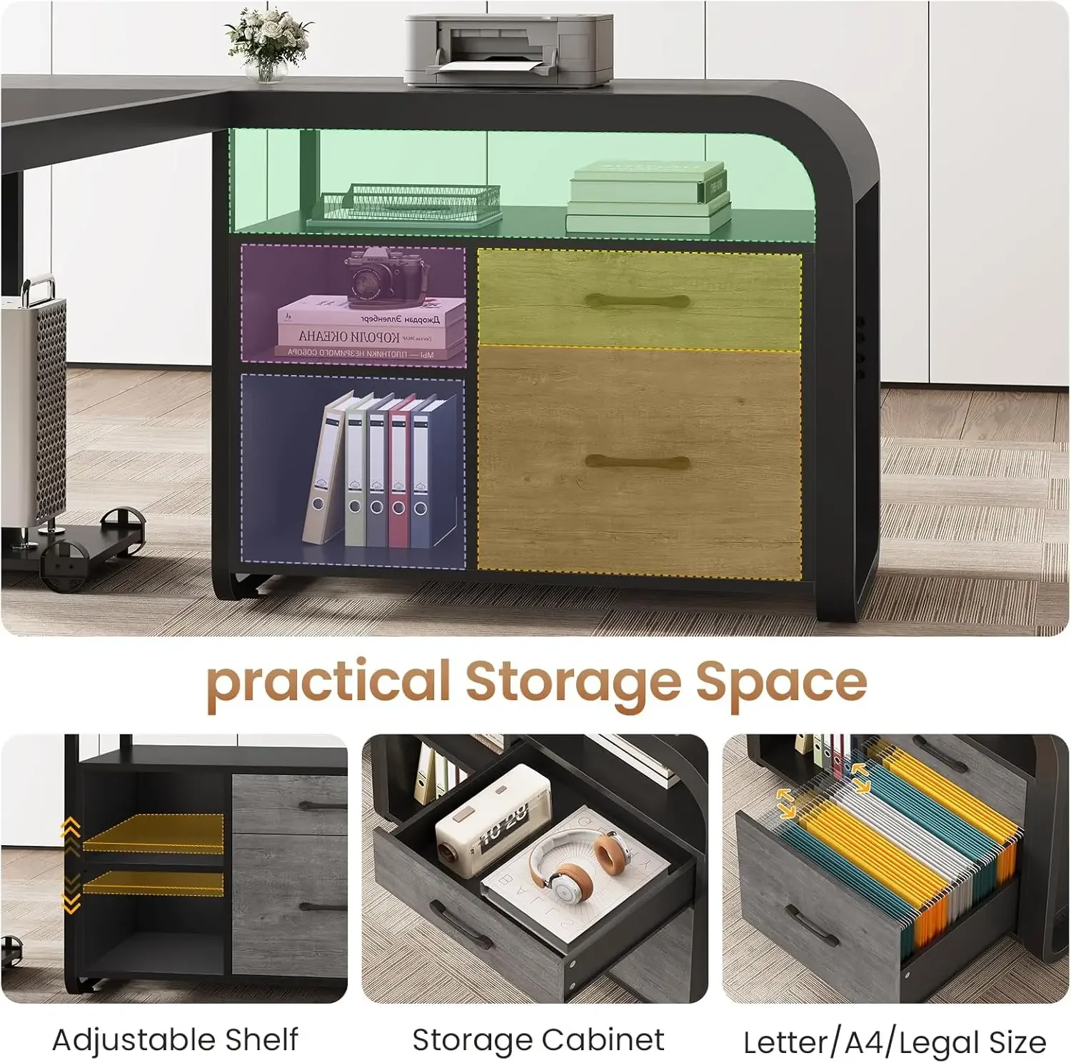 63 Inch Executive Desk, L Shaped Desk with Drawers, Large Office Desk with File Drawer, Computer Desk with Mobile CPU Stand