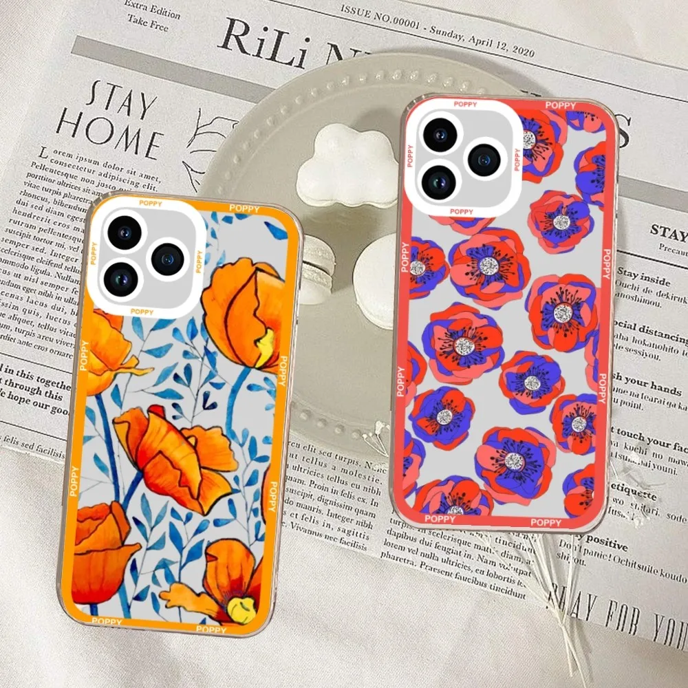 Poppies Art Flowers Phone Case For iPhone 11 12 Mini 13 14 15 Pro Max Transparent Shell