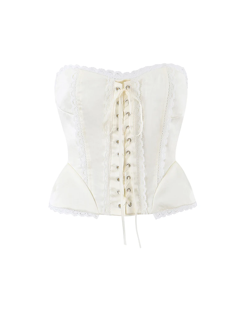 

Women Lace Trim Corset Top Strapless Summer Off Shoulder Slim Lace Up Tops