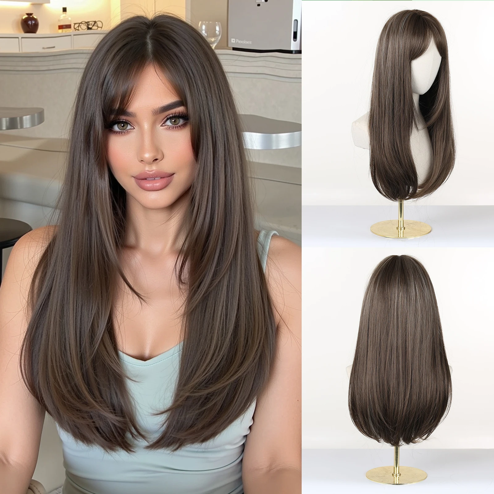 

LOUIS FERRE Brown Daily Synthetic Wigs With Bangs For Women Party Cosplay Use Natural Long Straight Wig Heat Resistant Fake Hair