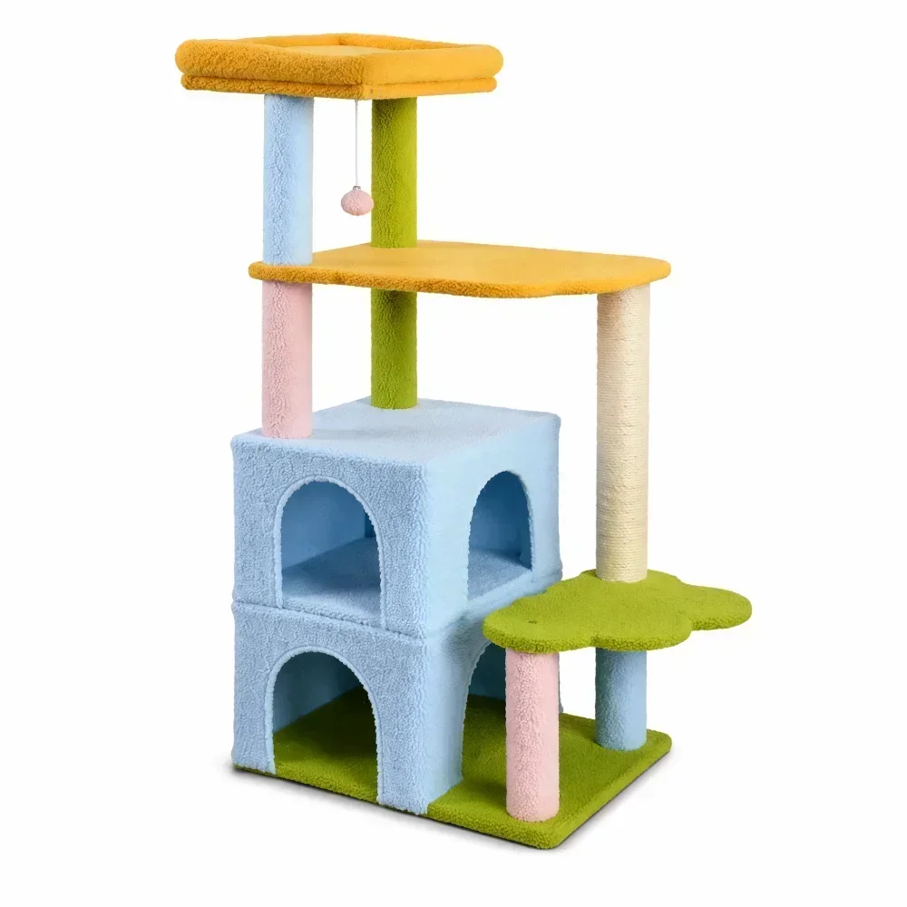 53.5 Inch Cute Rainbow Cat Tree Tower with Double Large Cat Condos, Natural Sisal Scratching Posts, Top Perch & Cloud-Shaped Platform, Multi-Level Cat Activity Furniture for Indoor Kittens & Cats