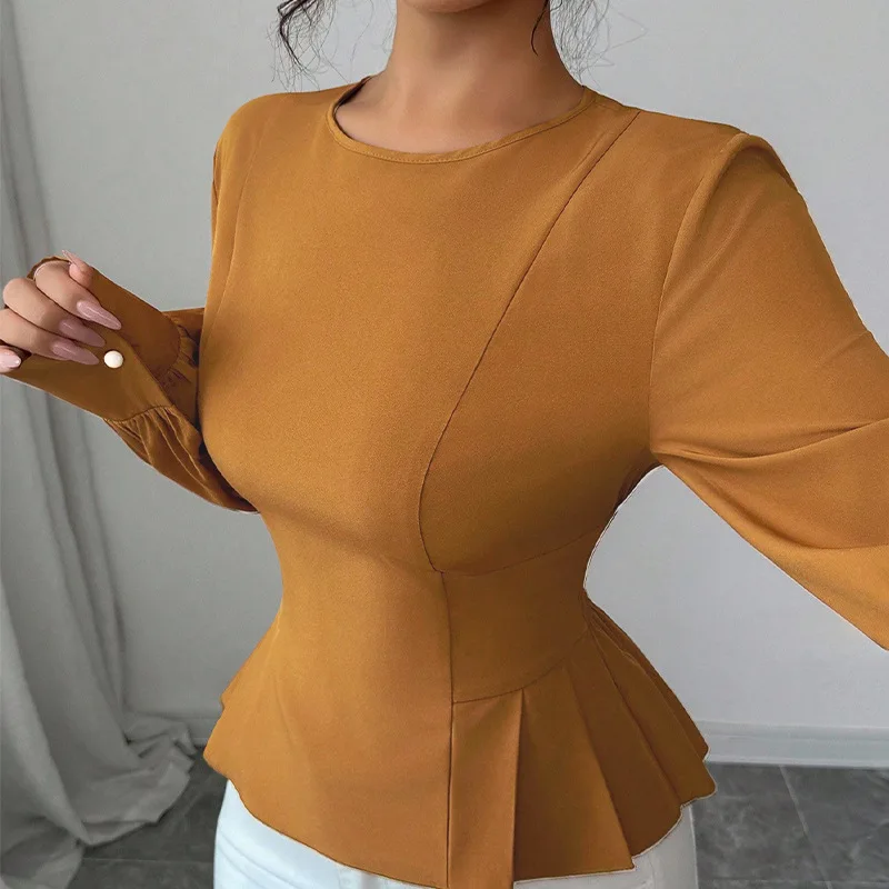 Elegant Puff Sleeve Slim Fit Blouse Solid Long Sleeve Top Autumn O Neck Shirt Women Light Brown Clothing