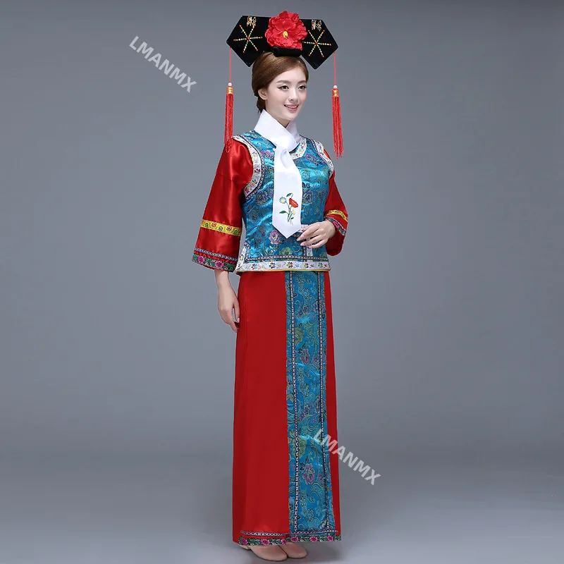 Chinese Qing Dynasty Hanfu Dress Cosplay Princess Pearl Costume Manchu Flag Clothing Exquisite Print Flower Folk Dance Dress