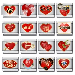 Valentine's Day Romantic Sweet Red Love Heart Letter Italian Charm Links Fit 9mm Stainless Steel Bracelet Jewelry DIY Making