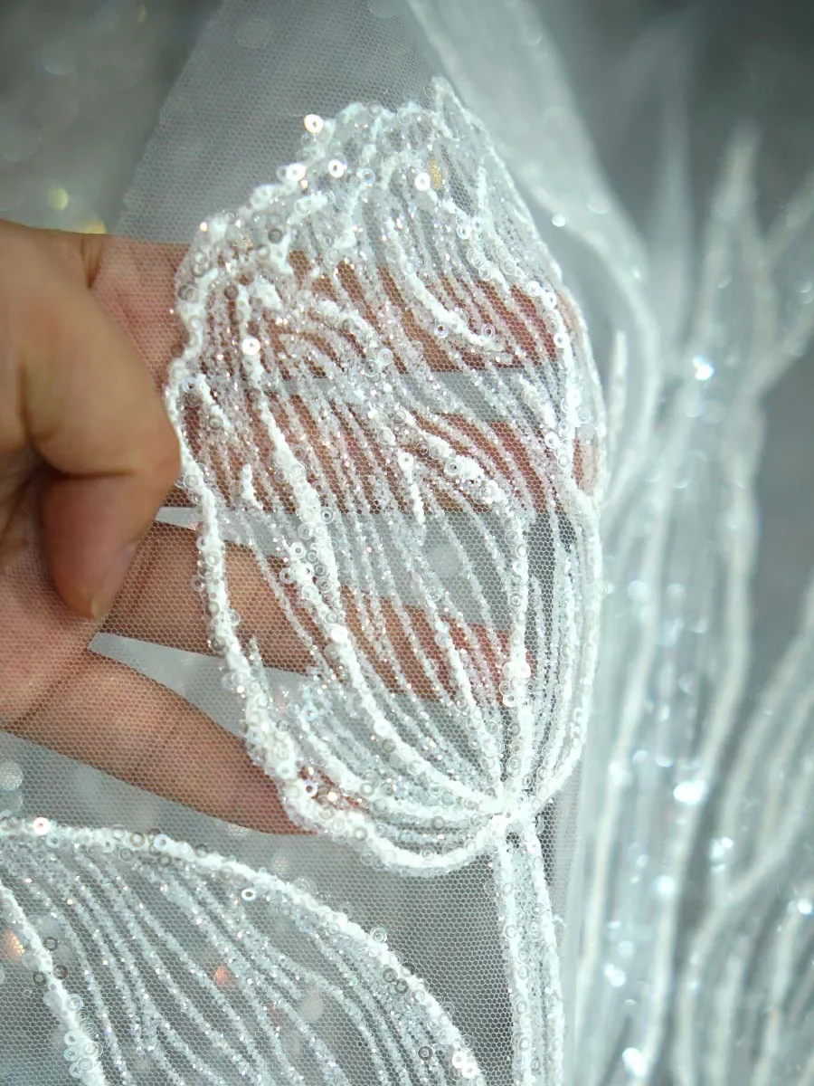 White Tulle Fabric With Sequin Flower Embroidery Mesh For Bridal Dress Wedding Veil Evening Gown Textile Material Luxury Craft
