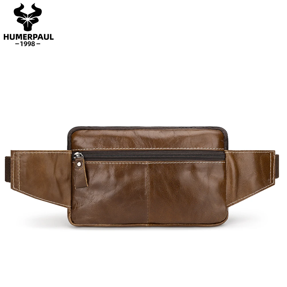 HUMERPAUL Genuine Leather Men\'s Waist Bag Classic Travel Fanny Chest Pack Multifunction Outdoor Storage Mobile Phone Bag