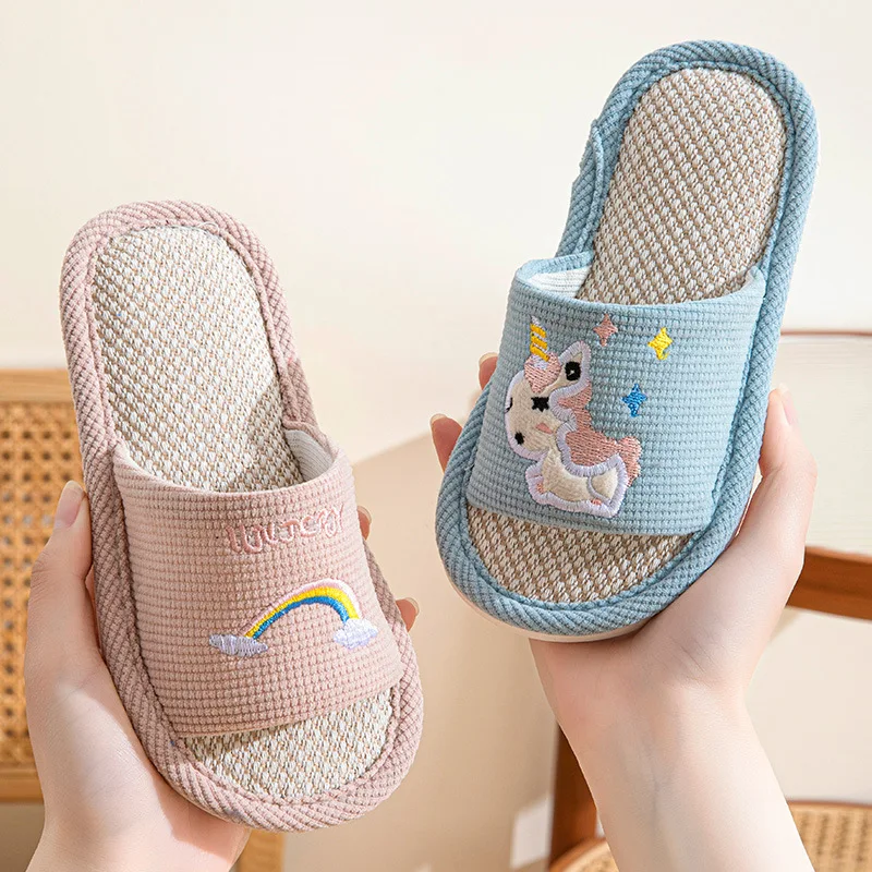 Hemp Cartoon Slippers Children Home Flats Casual Spring Summer Luxury Designer Shoes Girls Rainbow Fashion Indoor Slides Soft view 3