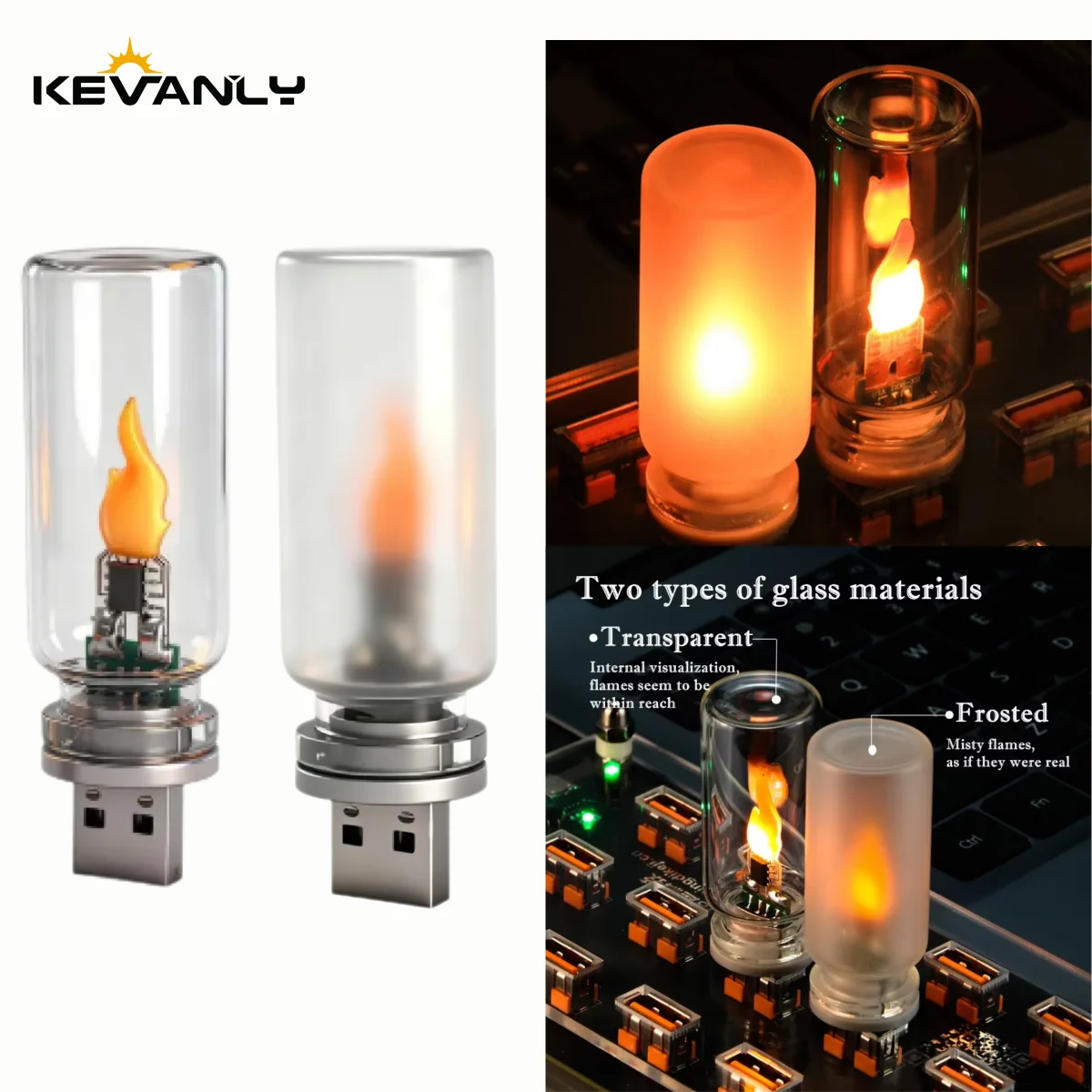 Car USB Flame Atmosphere Light Flickering LED Glass Warm Night Light Simulated Flame for Home Room Laptop PC Festival Decoration