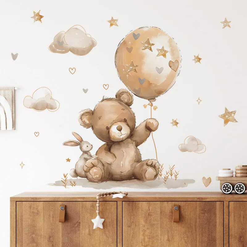 `Watercolor Teddy Bear Rabbit Balloon Cloud Heart Star Wall Sticker Cute Brown Bear Bunny Vinyl Decal For Baby Nursery Kids Bedr