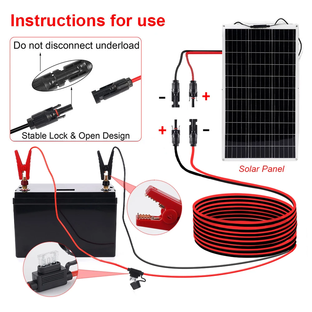 12AWG Crocodile clamp solar connector Silicone tinned copper extension cable suitable for cars motorhomes trucks 1.5M