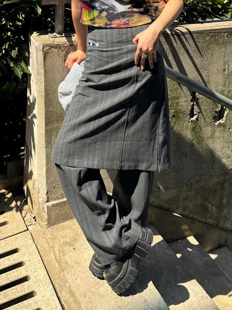 Retro striped fart curtain casual pants women's autumn lazy style design sense fake two-piece straight leg suit pants