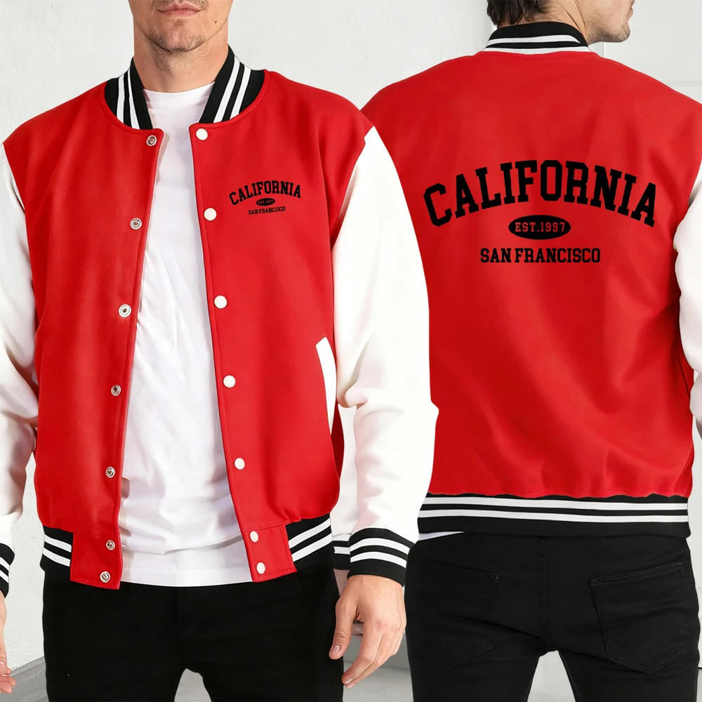 

California San Francisco Print Men'S Autumn Jackets Loose High Street Baseball Jersey Sport Pocket Vintage Casual Menswear