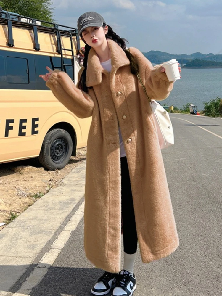

Faux Fur Coats Women Mid Length Coat Stand Collar Thick Warm Elegant Open Stitch Jackets Outerwear Autumn Winter Clothes Ladies