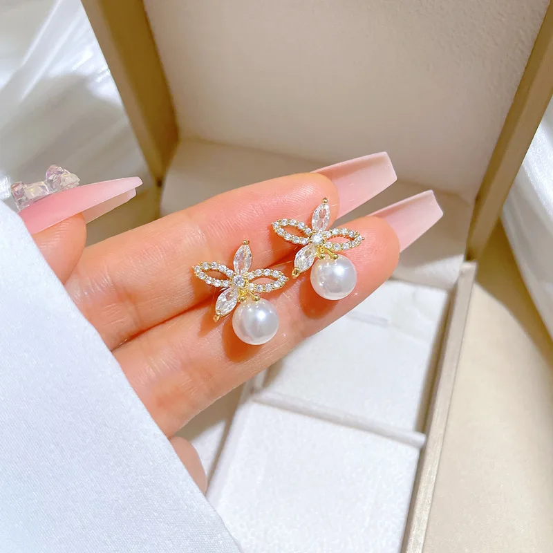 Micro-inlaid Stainless Steel Charm Flower Necklace Earrings Fashion Gorgeous Pearl Temperament Girl Accessories Set