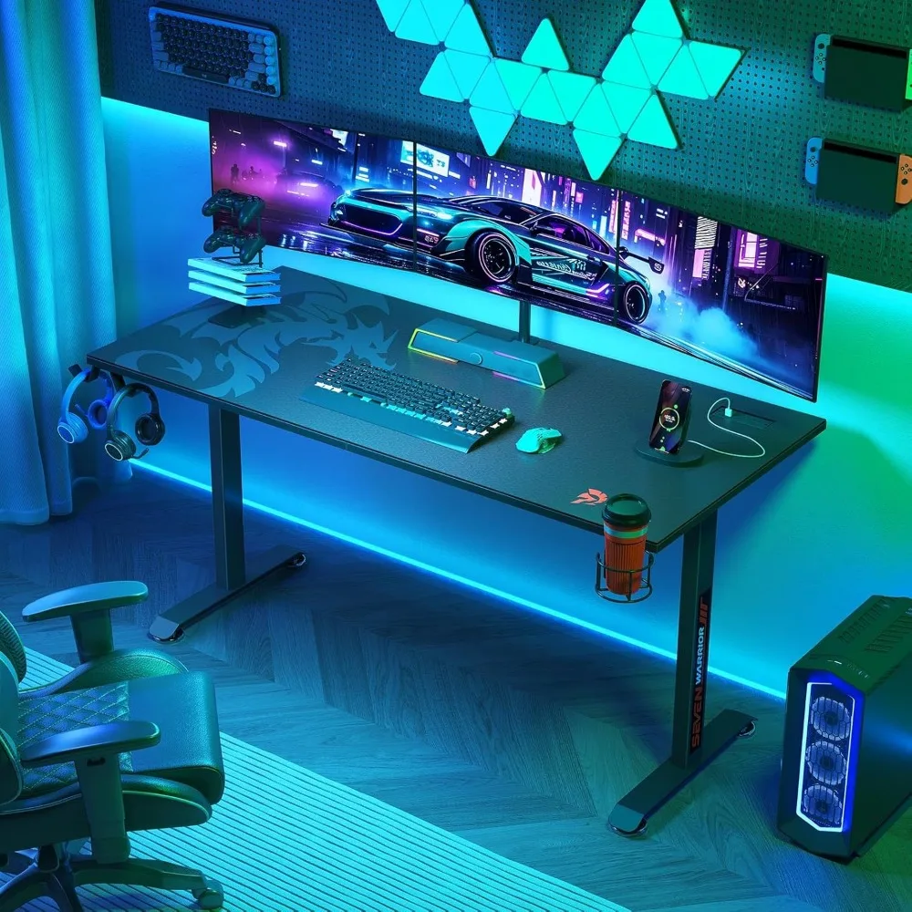 مكتب ألعاب Seven WARRIOR مقاس 60 بوصة، مكتب كمبيوتر بسطح من ألياف الكربون على شكل حرف T مع لوحة ماوس كاملة، نمط مريح للرياضة الإلكترونية