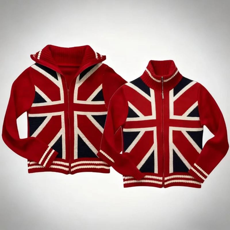 British style rice flag knitted cardigan for women in autumn and winter retro zipper stand collar men's sweater jacket