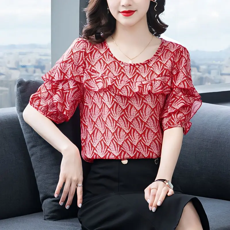 Office Lady Elegant Ruffles Patchwork Shirt Vintage Printed Summer New Short Sleeve Loose Women\'s Clothing O-Neck Chiffon Blouse