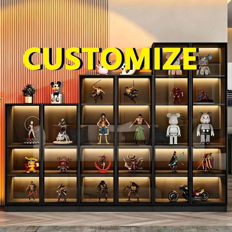 Multi Layer Tempered Glass Display Cabinet LED Light Large Capacity Toy Bag Aluminum Frame Dust Modern Storage Home Showcase