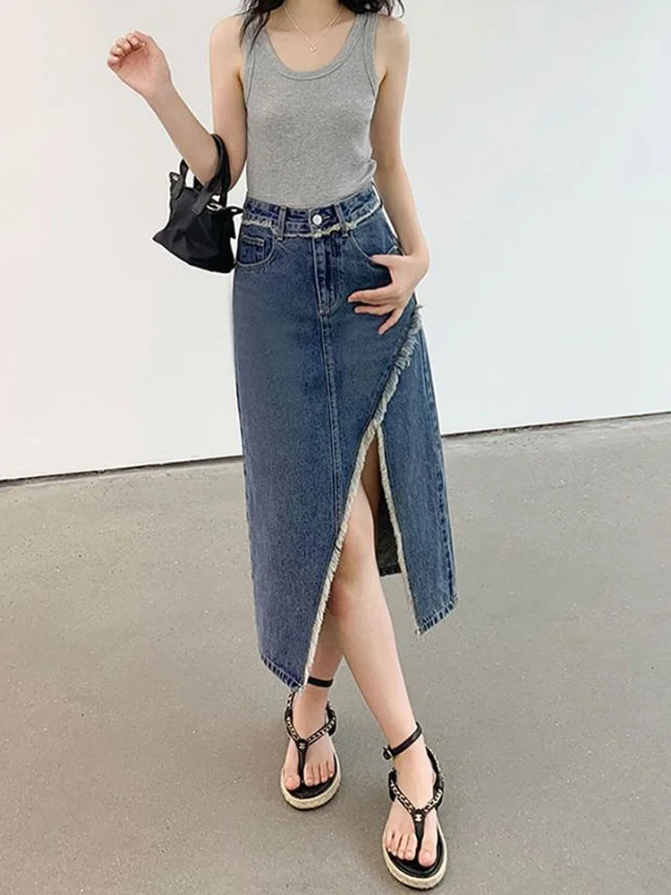 High Waist A-Line  Skirt for Women Summer Design Sensation Retro Denim Split Long Skirt Commute Casual Daily Travel