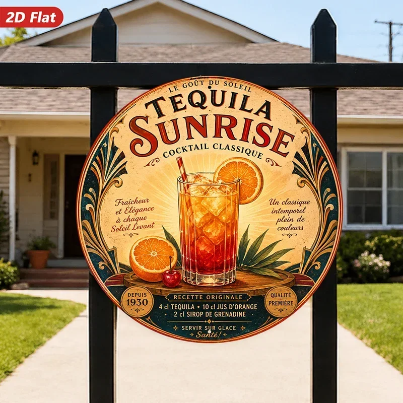 Vintage Cocktail Round Metal Sign Wall Art, Tequila Sunrise Text, Highball Glass, Orange Slice, Cherry Garnish Home Decor