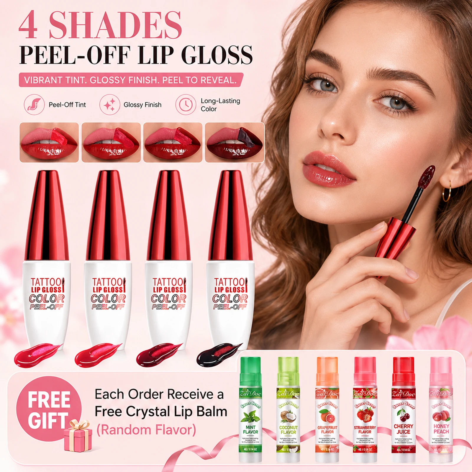 ZaiDoc Peel Off Lip Stain Tint Set 4 Colors Long Lasting Waterproof Transfer Proof Matte Finish Lip Gloss 10g Each