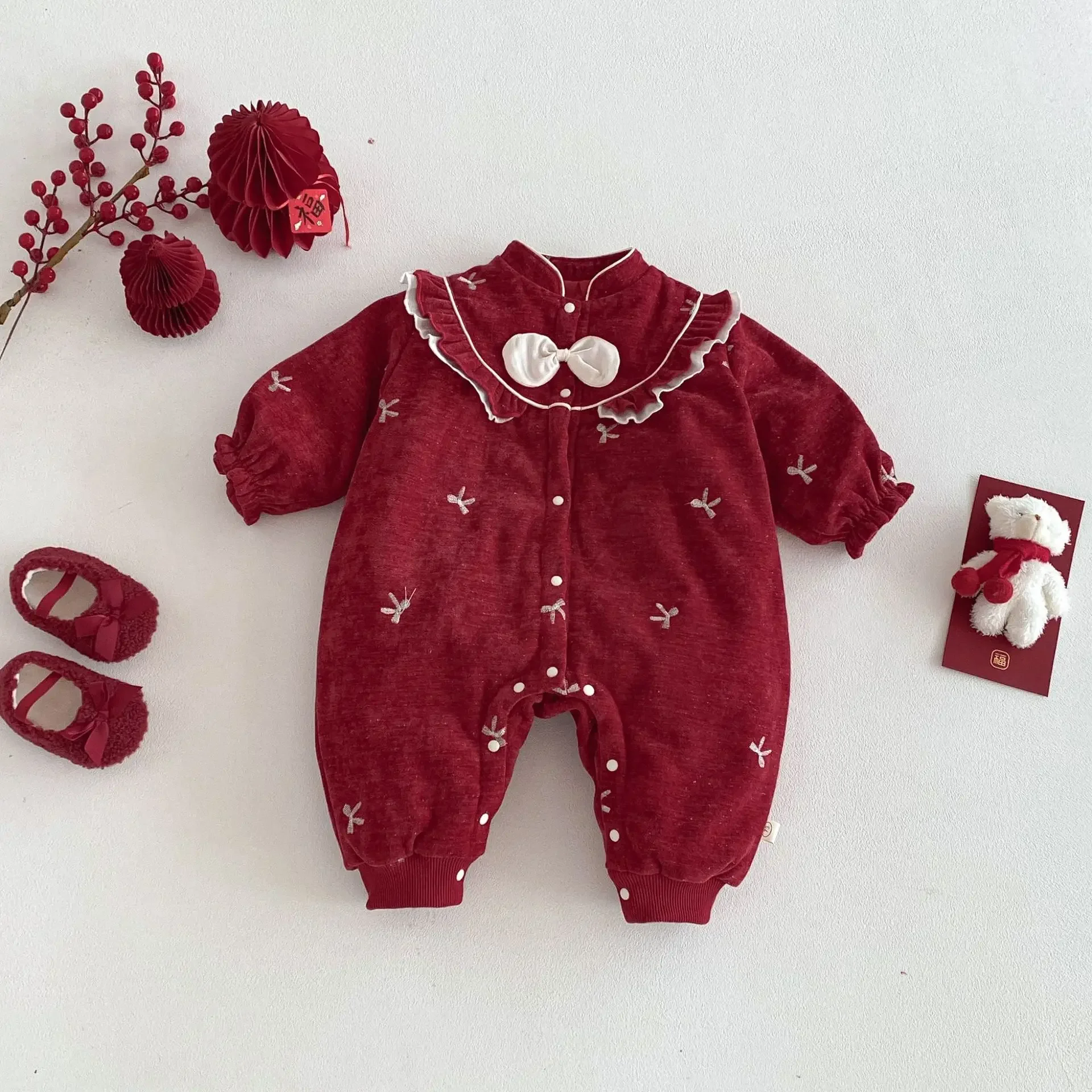 Newborn Red Bow Christmas Style Fleece Lined Romper Button Infant Jumpsuit Winter Childrens Clothing