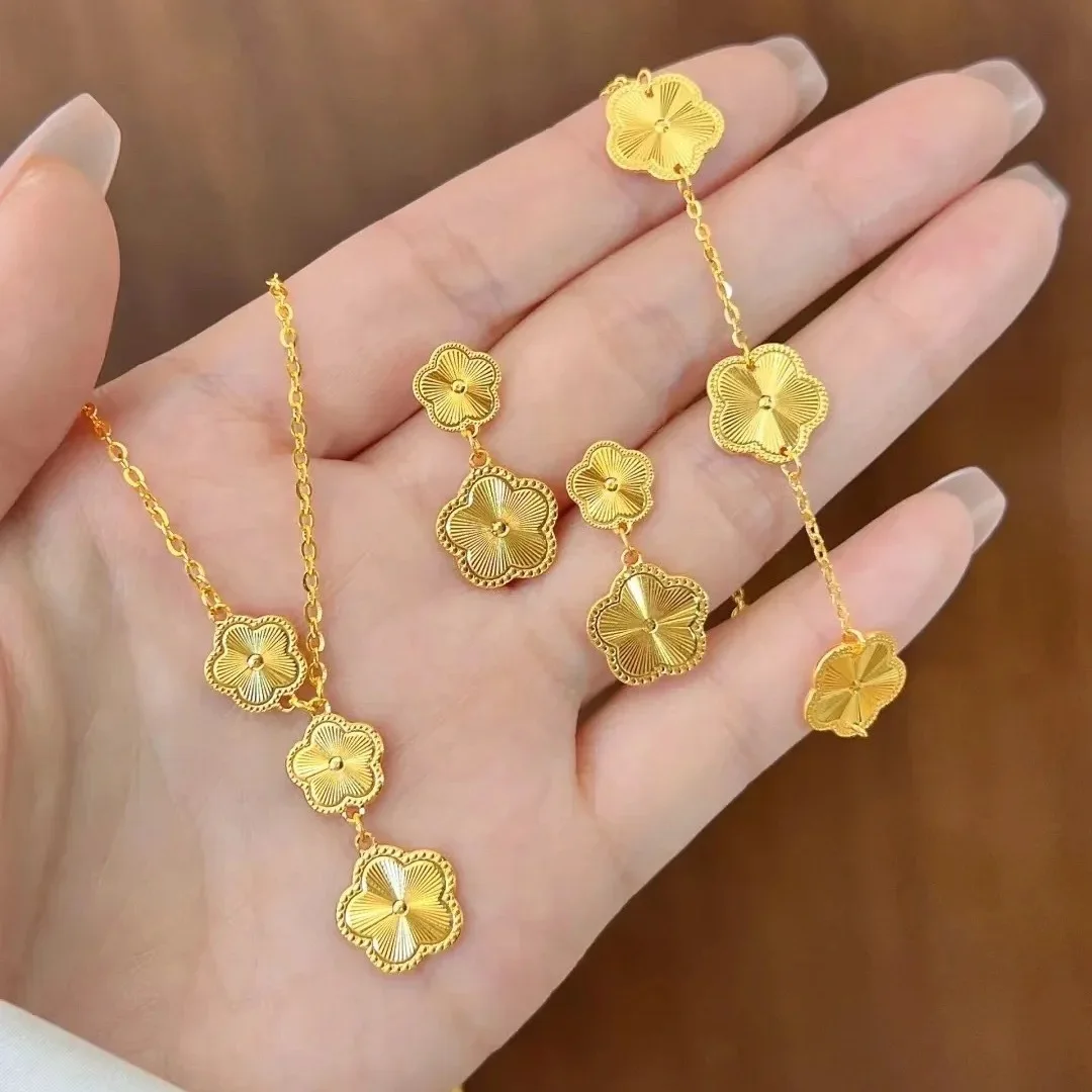 Luxury 24K 9999 Pure Gold real gold Plum Blossom Set Women's Laser Plum Blossom Bracelet Necklace Earring Set