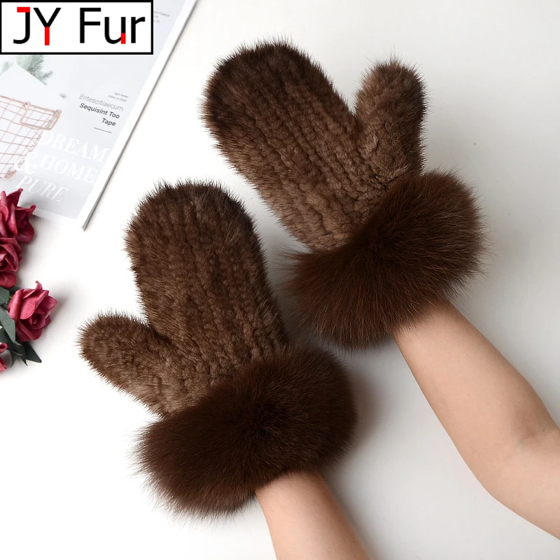 Luxury Women Natural Mink Fur Mittens Fox Fur Trimming Real Mink Fur Gloves Ladies Fur Elastic Hand Made Drop Shipping