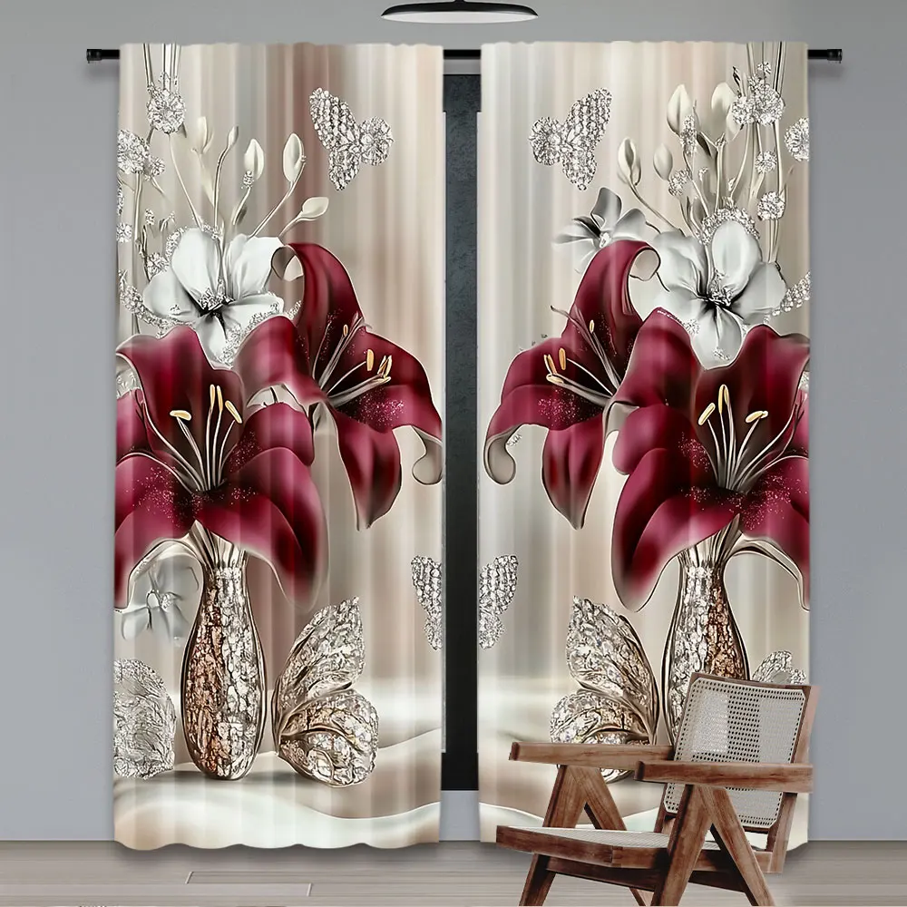 2Pcs Stylish White And Red Floral Printed Curtains Elegant Curtains Suitable For Bedroom Kitchen Dining Room Living Room Study