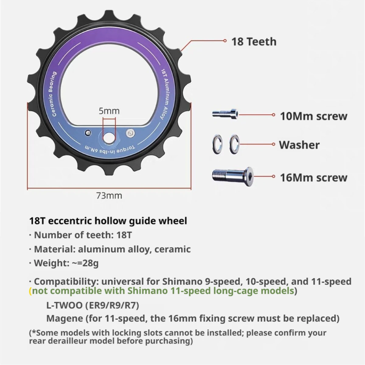 18T Ceramic Bearing Lightweight Hollow Jockey Wheel for Shimano 105 R7000 / Ultegra R8000 Rear Derailleur - view 5