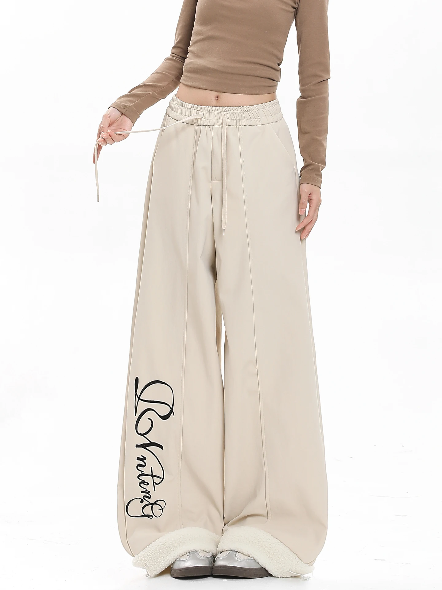 American Casual Style Letter Print Lamb Velvet Cuffed Wide Leg Pants Women Winter New Loose Fleece Season Casual Long Trousers