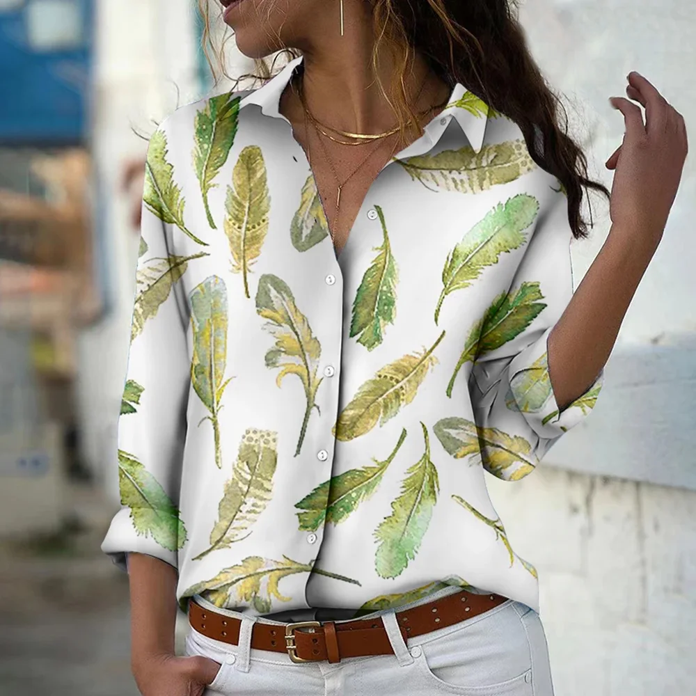 Fashionable New Women's Long Sleeve Shirt Elegant 3d Feather Printed Lapel Single-Breasted Top Autumn Button-Down Basic Shirt