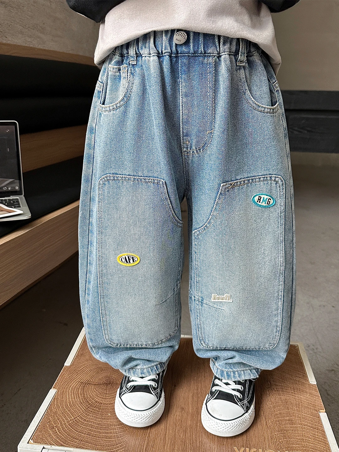 

Spring Fashionable Casual High Waist Cotton Denim Pants for Boys Baby Spring Autumn Wear Multi Pocket Patch Work Jeans