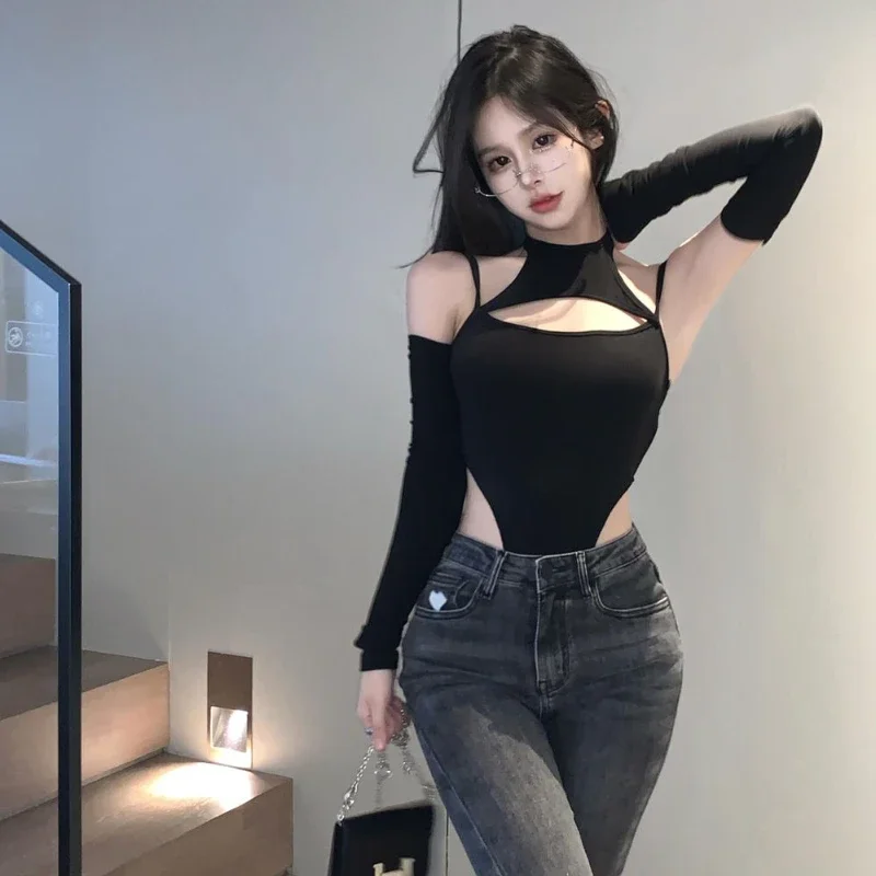 Hollow Black Rompers 여성 긴 소매 섹시한 하라주쿠 솔리드 스키니 Боди Женское Clubwear 의류 ​​Ropa Mujer High Street Retro