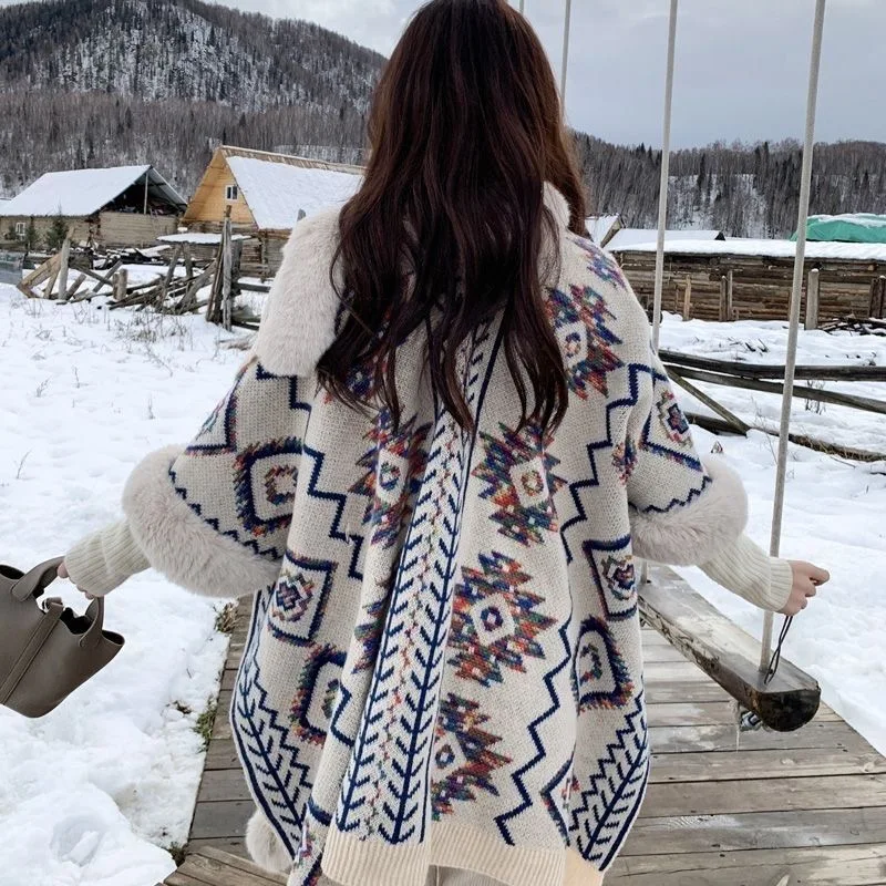 Jaqueta poncho estilo étnico para mulheres, capa casual quente, xales de malha jacquard e envoltórios, capa vintage, casaco outono e inverno