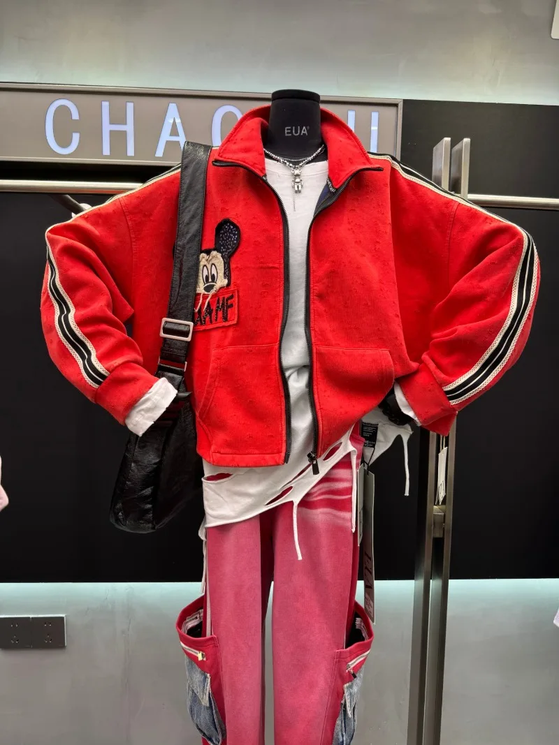 Unique Design Age-Reducing Jacket Autumn New Heavy Industry Sequin Patch Embroidery Cartoon Fashion Top Ins Style Zipper Coat