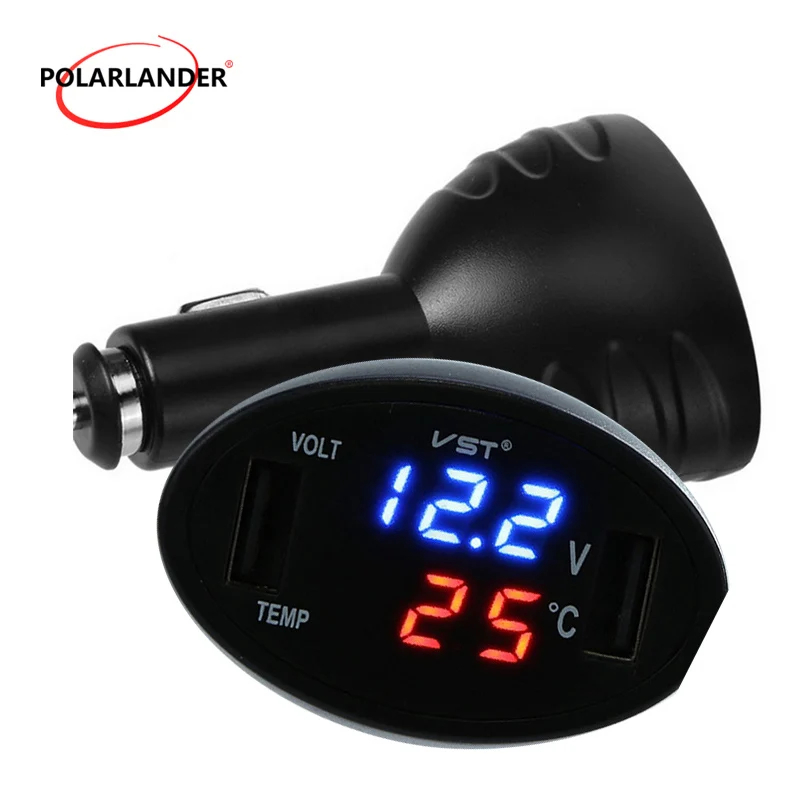 Usb Interface Car Charger 12V 24V Temperature Voltage Meter 3 in 1 Digital LED Thermometer Monitor Dual USB Ports Accessories