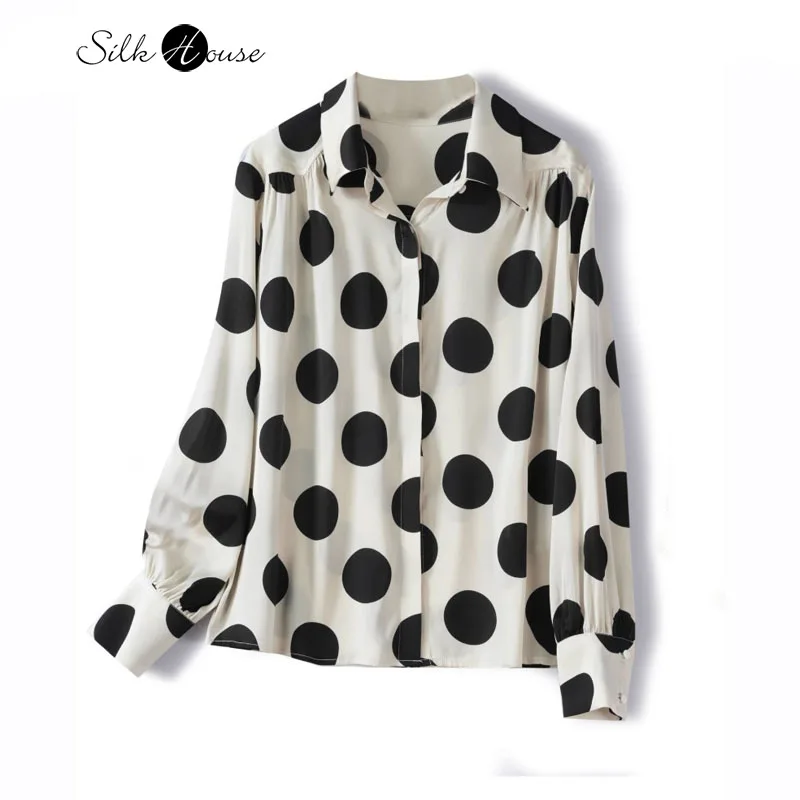 93% Natural Mulberry Silk Elastic Double Qiao Satin Fashionable Polka Dot Design Long Sleeved Temperament Commuter Women's Shirt