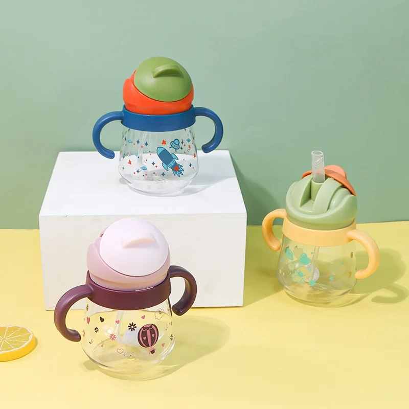 260ml PP material baby bottle drinking cup straw gravity ball feeding bottle large caliber children's binaural water cup