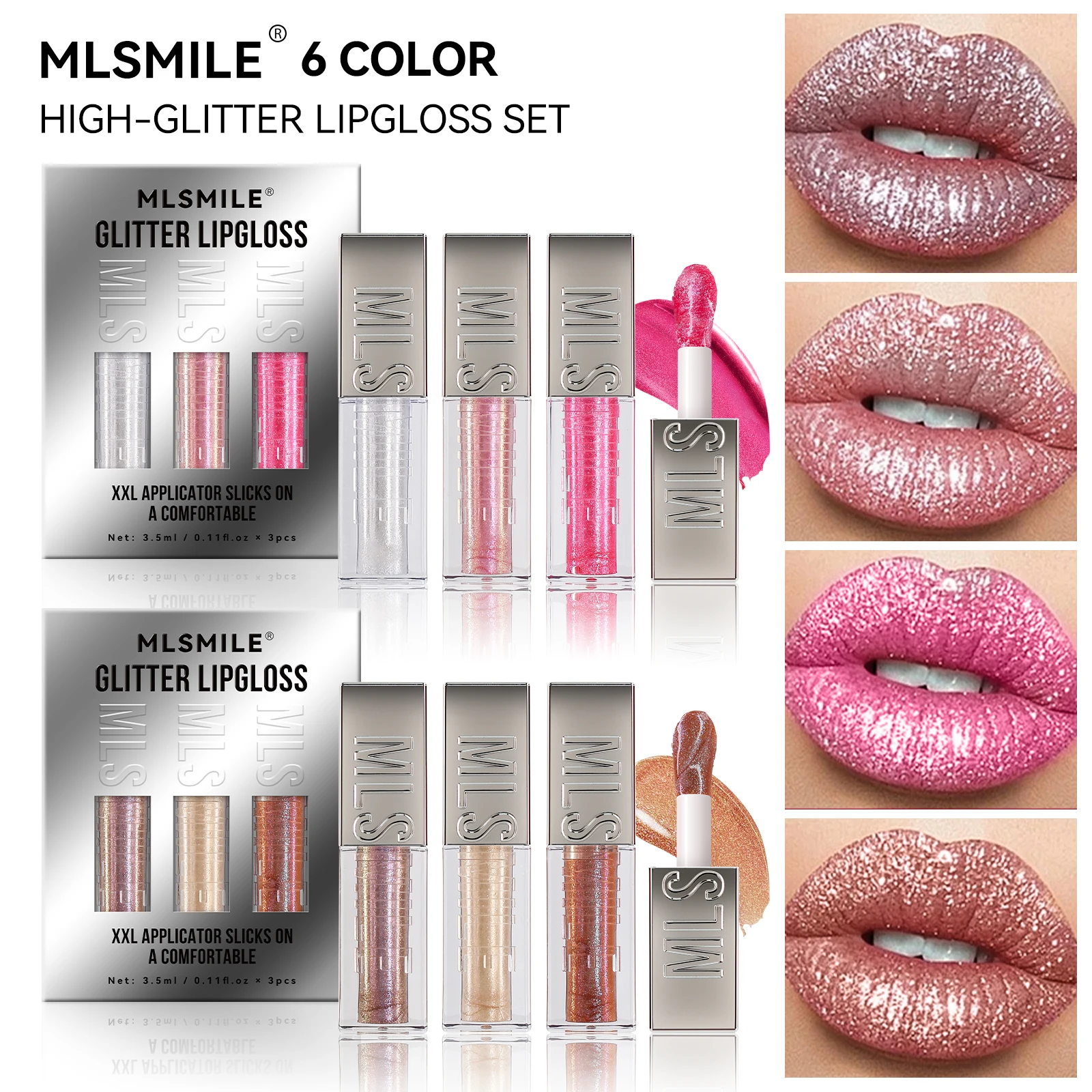 MLSMILE Burst Flash Lip Glaze Set,หัวแปรงขนาดใหญ่ Mirror Pearlescent Lip Honey,Fine Flash Liquid ลิปสติก 3 ชิ้น,วาเลนไทน์