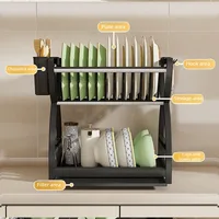 Double-layer draining bowl rack for kitchen, household countertop dishware storage rack, multi-functional tableware rack 2