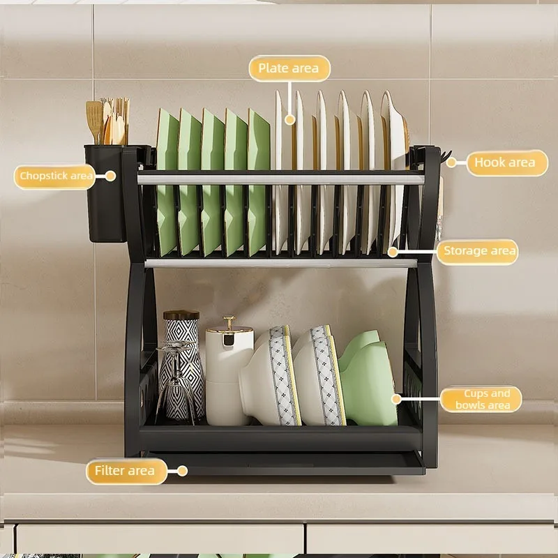 Double-layer draining bowl rack for kitchen, household countertop dishware storage rack, multi-functional tableware rack