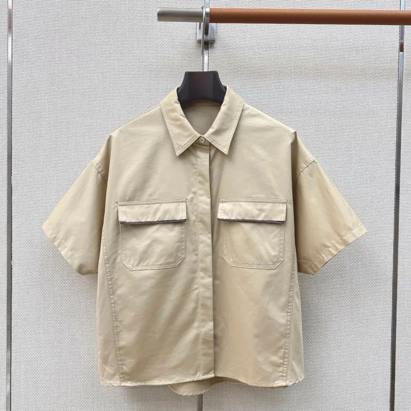 Copper Chain Decorative Front Pocket Design Short Casual Lapel Shirt