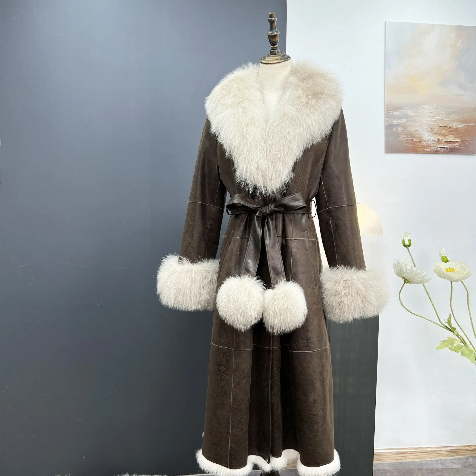 

Winter Clothing New Haining Fur Coat True Collar Rabbit Fur Integrated Coat Women's Long Style Slim Fit