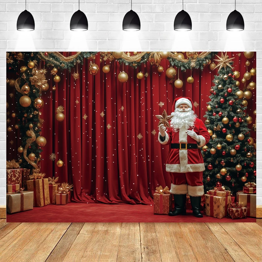 Merry Christmas Happy New Year Background Red Curtain Snowflakes Christmas Theme Suitable for Family Gatherings Decor Backdrop