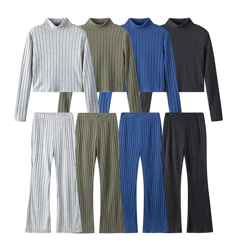Модный женский вязаный комплект из двух предметов, повседневный облегающий комплект в рубчик с длинными рукавами, брючный комплект, женская одежда, одежда Модный женский вязаный комплект из двух предметов, повседневный облегающий комплект в рубчик с длинными рукавами, брючный комплект, женская одежда, одежда